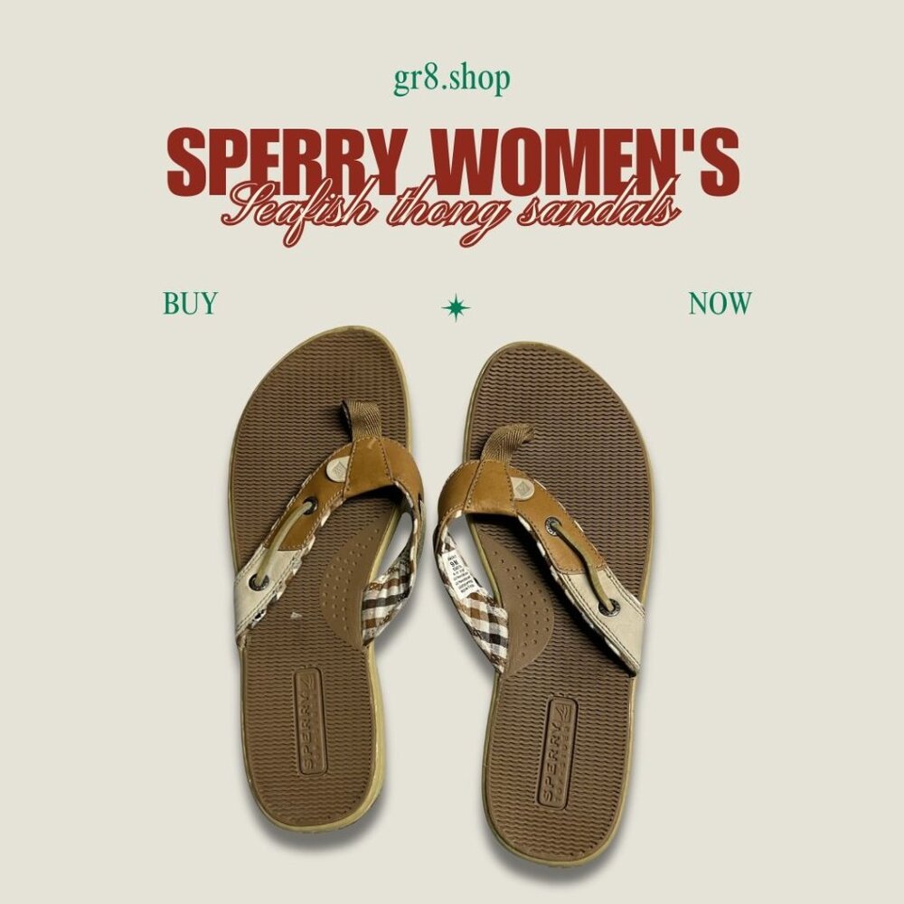 Sperry Womens Seafish Thong Sandals Size 9 Brown Plaid Leather Casual Flip-Flops